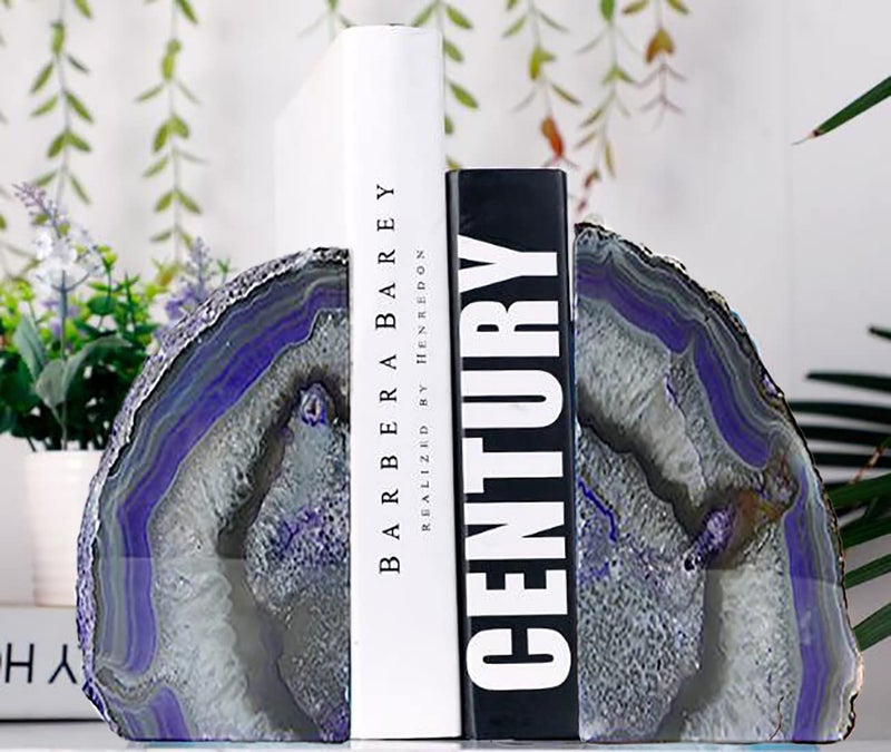 JIC Gem Book Ends for Shelves Dyed Purple Agate Bookends Natural Geode Brazilian Rock Stone Book Ends Decorative with Rubber Bumpers Small Size(1 Pair, 2-3 LBS) - Image 1